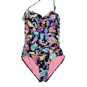 New Anne Cole Sz S Navy Blue Island floral Paisley One Piece Swimsuit